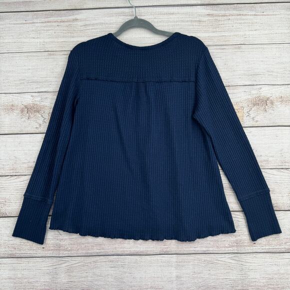 Anthropologie Henley Waffle Knit Blouse Womens Medium Navy Blue - Picture 2 of 12